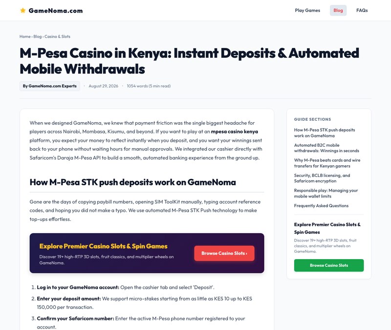 GameNoma guide to instant M-Pesa STK Push deposits and automated B2C mobile withdrawals