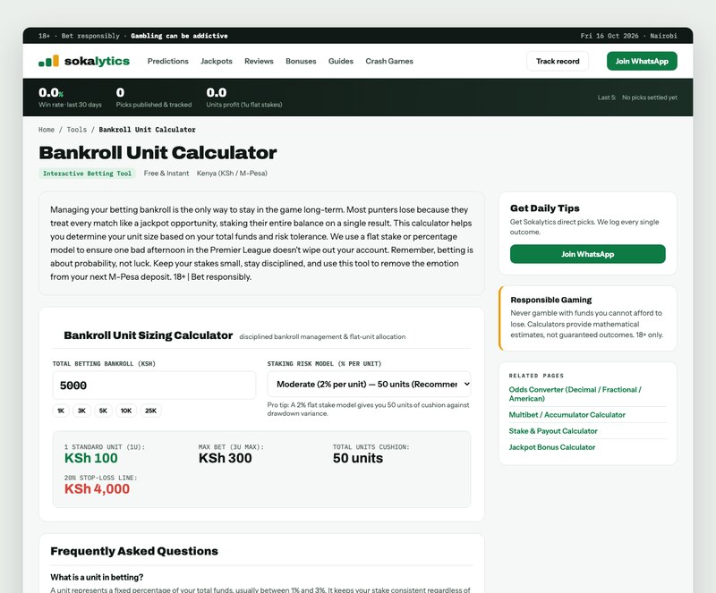Sokalytics interactive bankroll unit sizing calculator in KSh